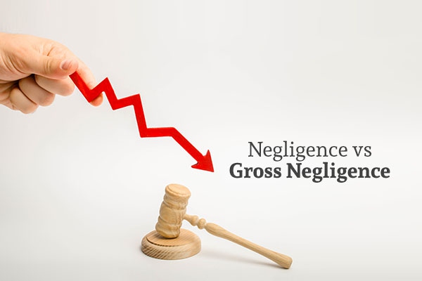 A gavel, a hand holding a red arrow progressively decreasing, and the words negligence vs gross negligence