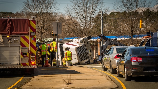 Logging truck overturned in an accident on the highway