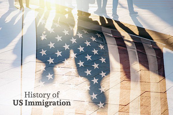 A flag with the silhouette of people in it with the words, History of US Immigration.