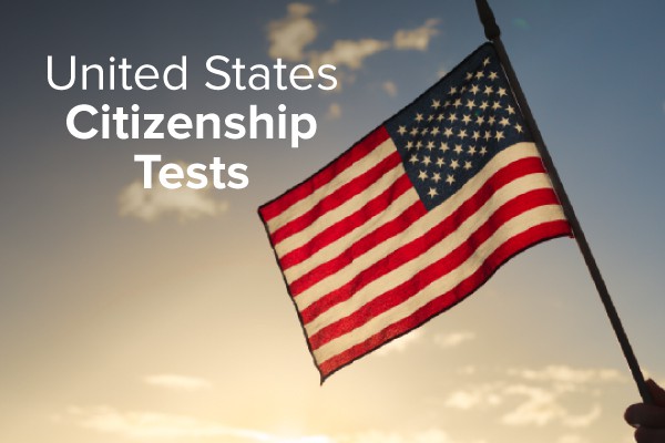 A person holding up an American flag with the words, United States citizenship tests.