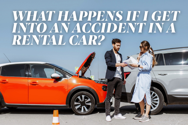 Two people talking after an accident with the words, "what happens if I get into an accident in a rental car."