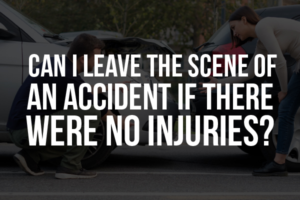 A picture of a car crash with the words, "can I leave the scene of an accident if there were no injuries?"