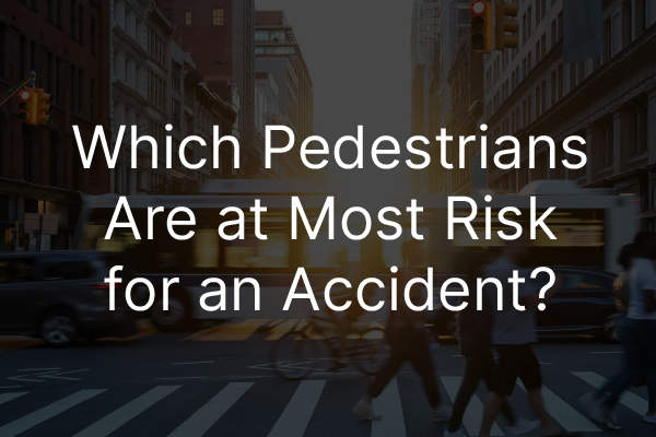 A group of pedestrians crossing the street with the words, "which pedestrians are at risk for an accident?"