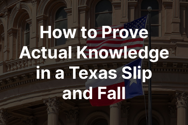 A picture of a Texas court house with the words, "how to prove actual knowledge in a Texas slip and fall."