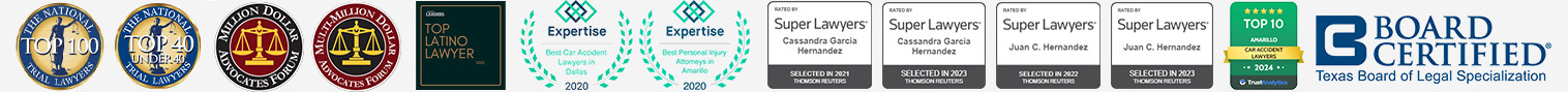 Hernandez Law Group award and certification list: Million Dollar Advocates Forum, Multi-Million Dollar Advocates, Top Latino Lawyer Leaders 2022, Expertise Best Car Accident Lawyer in Dallas 2020, Expertise Best Personal Injury Attorneys in Amarillo 2020, Expertise Best Car, Super Lawyers 2022, Super Lawyers 2021, Board Certified Texas Board of Legal Specialization