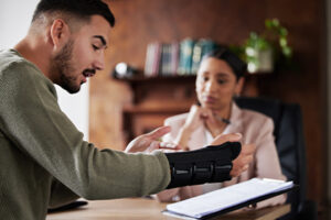 A man with a wrist brace on is frustrated with paperwork
