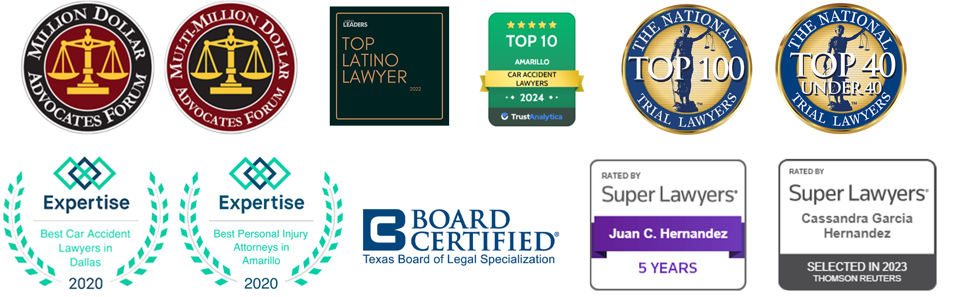 Hernandez Law Group award and certification list: Million Dollar Advocates Forum, Multi-Million Dollar Advocates, Top Latino Lawyer Leaders 2022, Expertise Best Car Accident Lawyer in Dallas 2020, Expertise Best Personal Injury Attorneys in Amarillo 2020, Expertise Best Car, Super Lawyers 2022, Super Lawyers 2021, Board Certified Texas Board of Legal Specialization