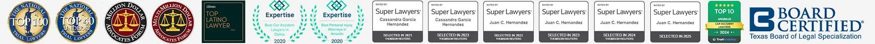 Hernandez Law Group award and certification list: Million Dollar Advocates Forum, Multi-Million Dollar Advocates, Top Latino Lawyer Leaders 2022, Expertise Best Car Accident Lawyer in Dallas 2020, Expertise Best Personal Injury Attorneys in Amarillo 2020, Expertise Best Car, Super Lawyers 2022, Super Lawyers 2021, Board Certified Texas Board of Legal Specialization