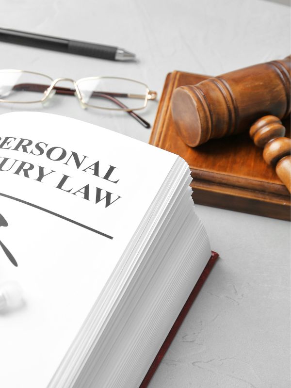 A book with personal injury law written on it, a pen, glasses, and a gavel.