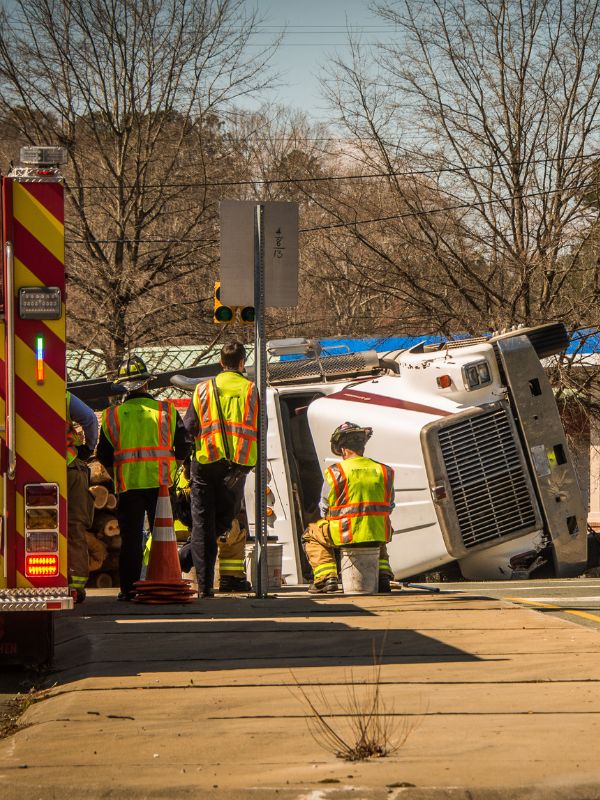 An overturned 18-wheeler truck.