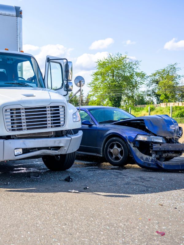 A sedan and an 18-wheeler that got into an accident.