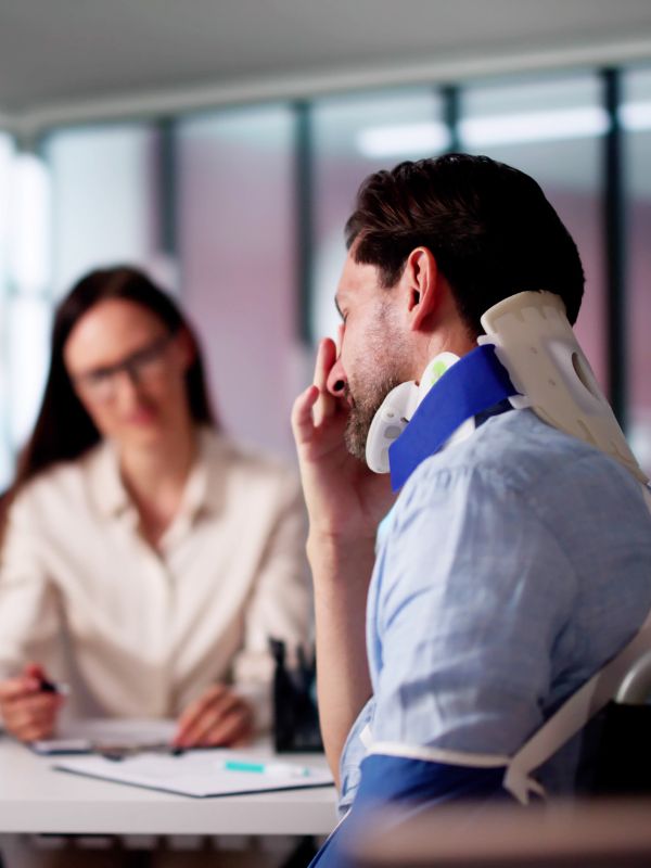 An injured man talking with a personal injury attorney.